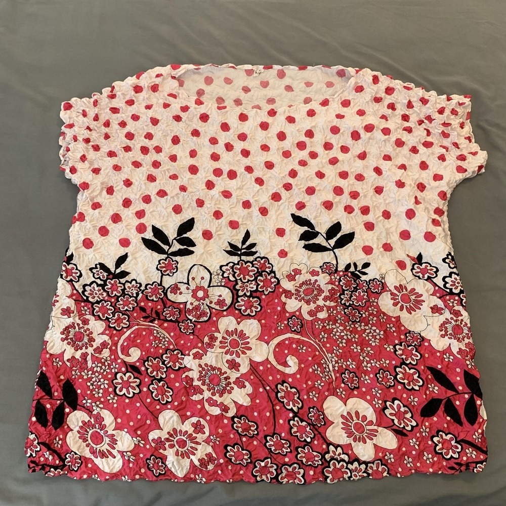 F C Shirt Womens One Size Multicolor Floral Polka Dot Short Sleeve Crinkle Top